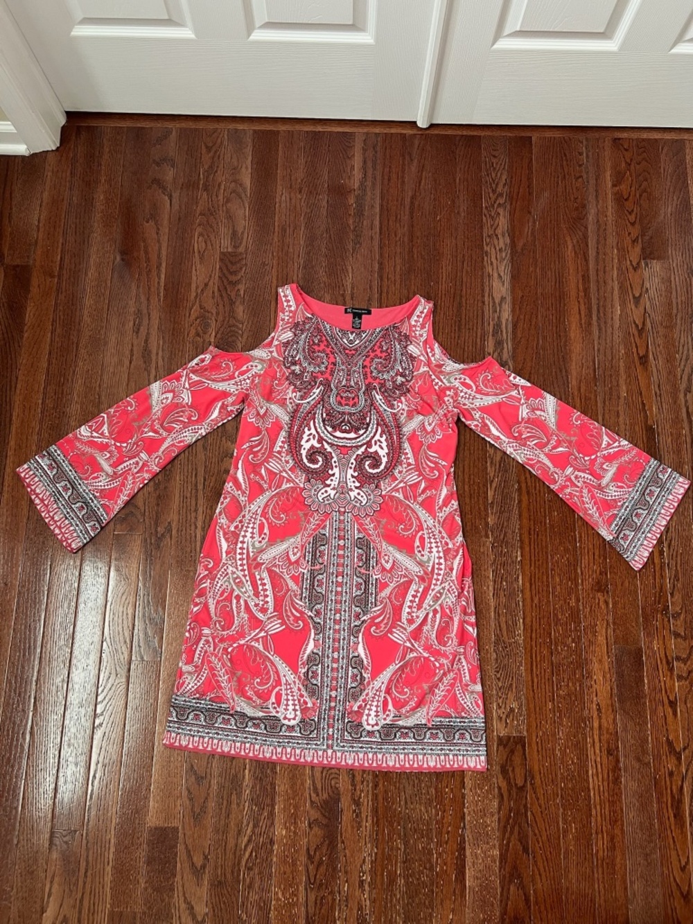 INC Coral and White Paisley Cold Shoulder Dress, Size L